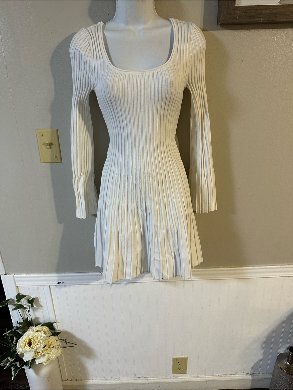 Cream Ribbed Long-Sleeve Scoop Neck Mini Dress